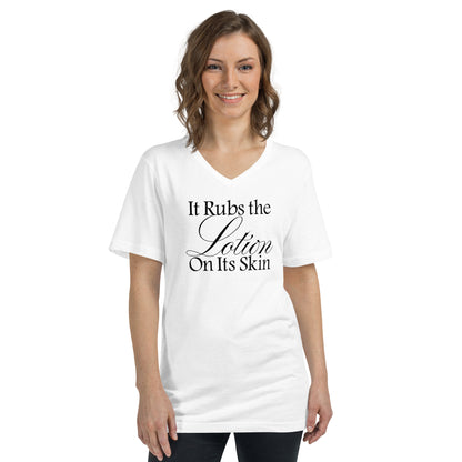 It Rubs the Lotion V-Neck White Tee